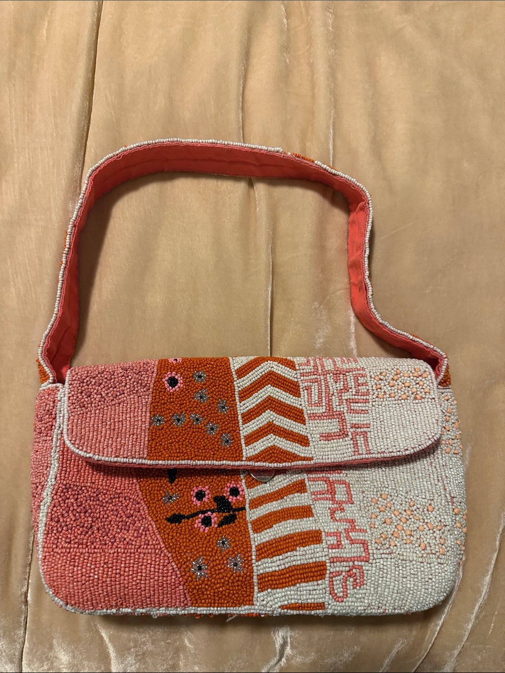Hand-Beaded Pink & Orange Mosaic Baguette Bag
